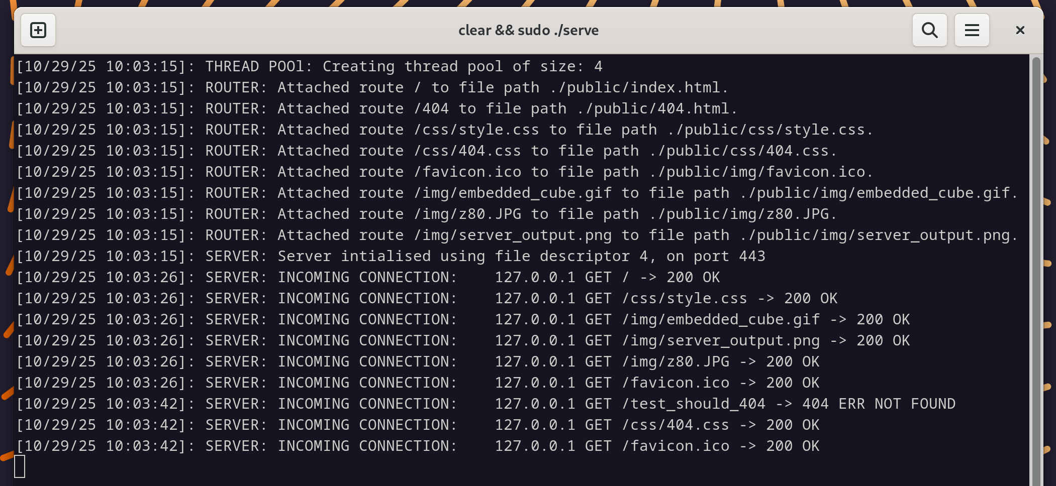 secure-serve server logs showing thread pool initialization and request handling